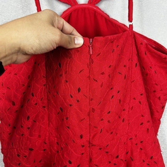 J.O.A Red Eyelet Lace Mini Dress Halter Ruffle Straps Size Medium - Picture 12 of 13